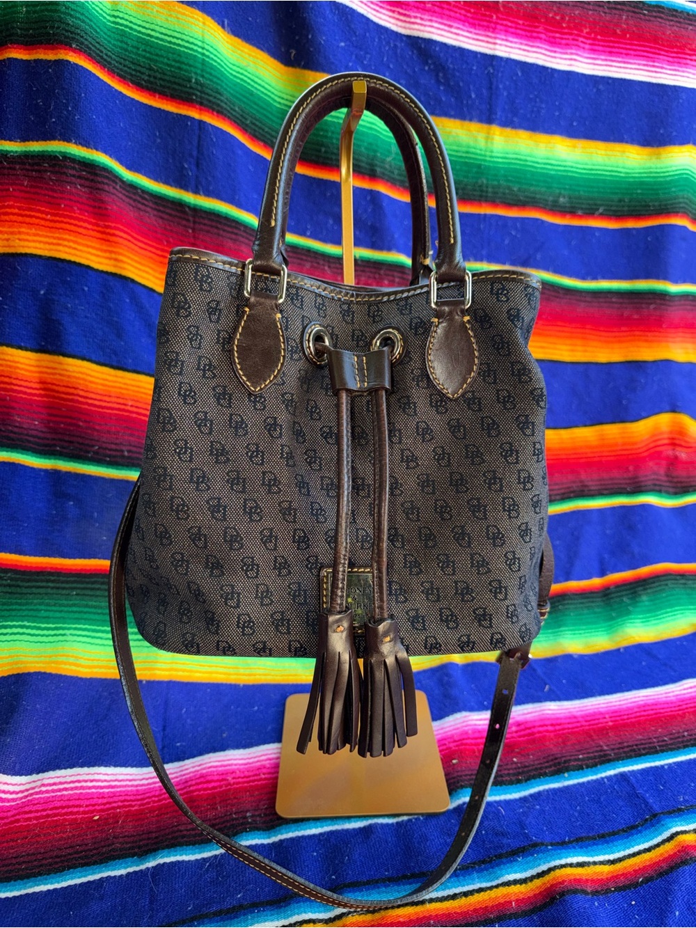 Dooney & Bourke Brown Monogram Drawstring Shoulder Bag with Tassels